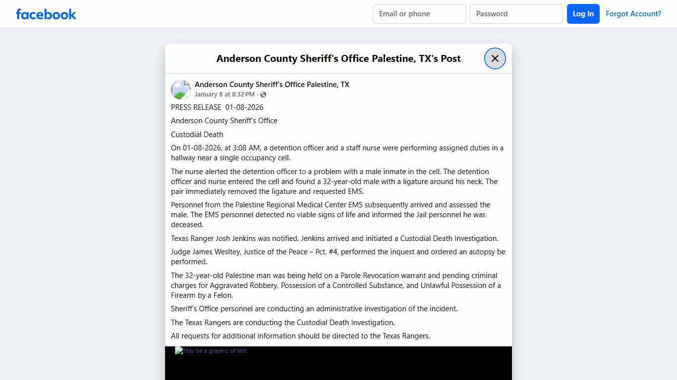 PRESS... - Anderson County Sheriff's Office Palestine, TX Facebook